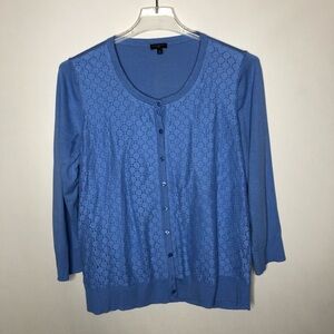 Talbots Blue Button Up Long Sleeve Cardigan with Lace Detail on Front Size 1X